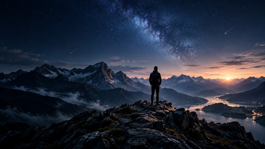 Paisaje nocturno con una persona frente a las montañas